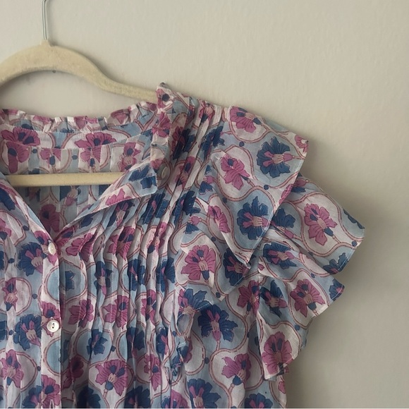 Oliphant Pintuck Ruffle Floral Top, Iris Blue Large - Picture 7 of 10